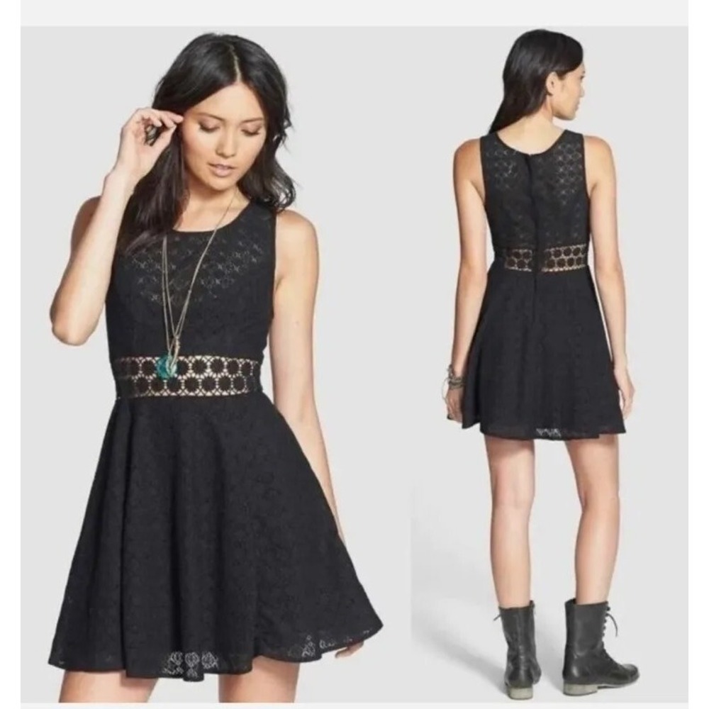 Free People Lace Daisy‎ Eyelet Cutout Waist Black Sleeveless Skater Dress 2 Goth